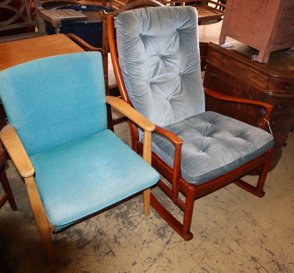 A mid century Parker Knoll rocking chair, together with a Parker Knoll beech elbow chair